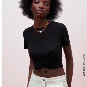 Zara |  Crop Top Tee Tie Knot Front in Black | Size S